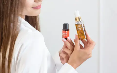 Kobieta prezentuje dwa produkty do pielęgnacji włosów, pokazując jak nakładać serum na włosy dla ich regeneracji i nawilżenia.
