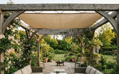 Une toile beige est tendue pour couvrir une tonnelle en bois, offrant un coin ombragé dans un jardin fleuri.