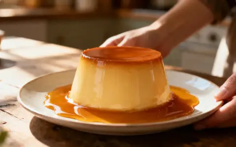 Un flan onctueux baignant dans un délicieux caramel liquide, prêt à être dégusté.