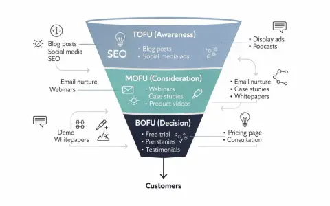 Embudo de marketing: TOFU (conciencia), MOFU (consideración) y BOFU (decisión). Contenido: blog, SEO, webinars, demos, etc.