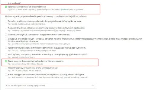 Zaznaczony punkt dotyczący ograniczeń w odstąpieniu od umowy Allegro.