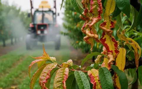 Kiedy pryskać brzoskwinie na kędzierzawość liści? Traktor opryskuje drzewka w sadzie, ratując liście przed chorobą.