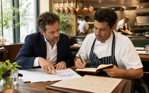Un asesor de restaurantes revisa gráficos con un chef. Ambos están sentados en una mesa de madera, con el chef tomando notas en un cuaderno.