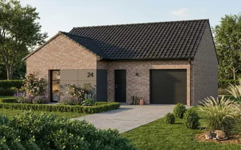 Construction d'une maison contemporaine en briques avec garage, jardin fleuri et un chat endormi.