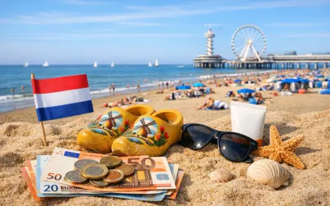 Holenderska flaga, drewniaki, pieniądze i okulary przeciwsłoneczne na plaży. Idealne wakacje w Holandii!