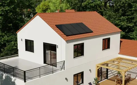 Maison blanche avec panneaux solaires sur le toit, terrasse et pergola. Une maison autonome en énergie, prête pour un avenir durable.