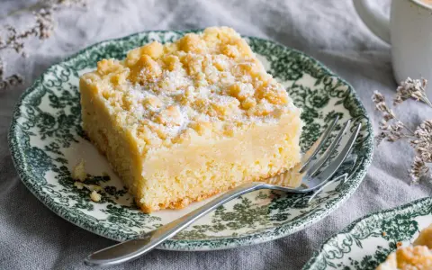 Ein Stück Streuselkuchen ohne Hefe, bestäubt mit Puderzucker, auf einem Teller mit grünem Muster.