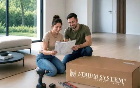 Para montażu schodów modułowych. Para przegląda instrukcję, obok leży karton z napisem "ATRIUM SYSTEM schody".