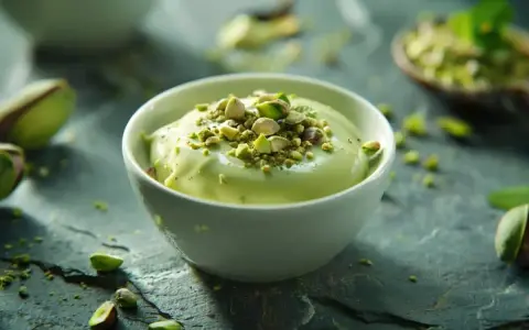 Crème anglaise pistache onctueuse, garnie de pistaches concassées et de quelques pistaches entières. Un délice vert et gourmand.