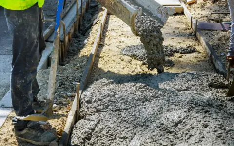 Beton wylewany z gruszki na plac budowy. Pracownik przygotowuje teren pod wylanie betonu.