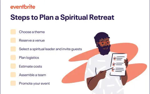 Steps to plan a personal spiritual retreat: choose a theme, book a venue, select a leader, plan logistics, estimate costs, assemble a team, and promote.