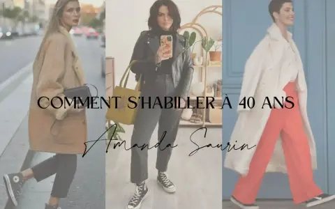 Trois femmes montrent des looks tendance pour un style femme 40 ans : manteau en peau de mouton, perfecto et pantalon large.