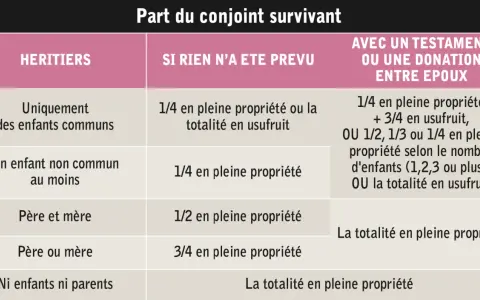 Tableau des droits du conjoint survivant : 1/4 en pleine propriété et 3/4 en usufruit, ou autres options selon les héritiers et testament.