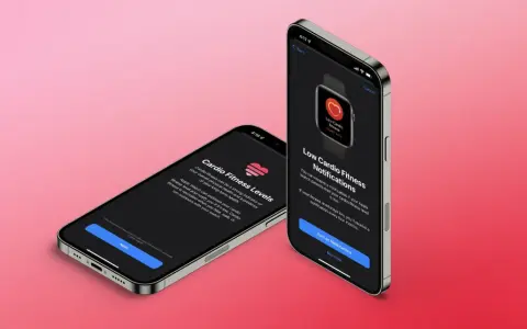 Apple Watch screens show how to improve VO2 max by tracking cardio fitness levels and receiving low cardio fitness notifications.