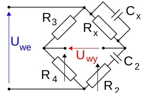 Mostek Wheatstone'a z elementami R3, Rx, R4, R2, Cx i C2. Używany do pomiaru pojemności kondensatora Cx.