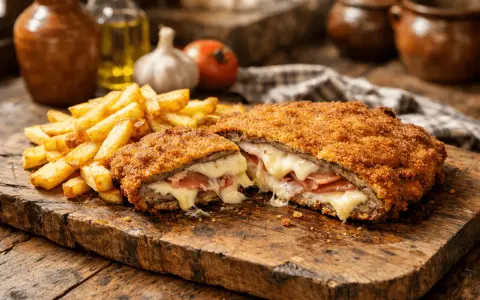 Cachopo jugoso, crujiente por fuera y relleno de jamón y queso fundido. Una deliciosa receta de cachopo, acompañada de patatas fritas.