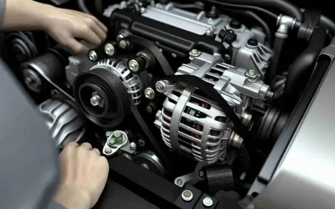 Hände am Motor, die Lichtmaschine ist sichtbar. Mögliche lichtmaschine defekt symptome sind hier zu sehen, wie ein lockerer Keilriemen.