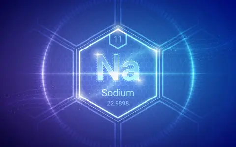 Symbol Na, liczba atomowa 11, nazwa Sodium (sód) i masa atomowa 22.9898 w centrum sześciokąta na tle technologicznym.
