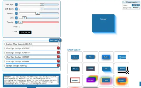 Generator CSS dla cienia. Ustawienia przesunięcia, rozmycia i koloru tworzą efekt cienia.