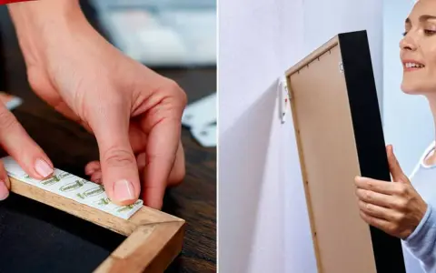 Manos aplican adhesivo a un marco de madera. Mujer alinea marco a pared. Guía visual de como colgar un cuadro sin clavos.