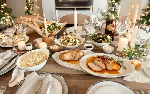 Mesa de Nochevieja con carnes asadas, ensaladas, velas y luces festivas.