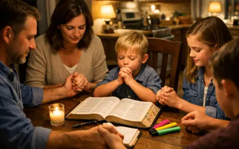 A family gathers for a meaningful family bible study, holding hands around an open Bible, with a candle casting a warm glow.