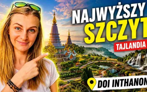Uśmiechnięta kobieta wskazuje na Doi Inthanon, najwyższy szczyt Tajlandii, z pięknymi ogrodami i wodospadami w Chiang Mai.