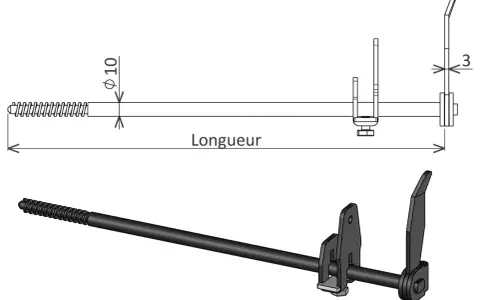 Mécanisme de fermeture de volet avec tige filetée et levier. Le dessin technique indique les dimensions.