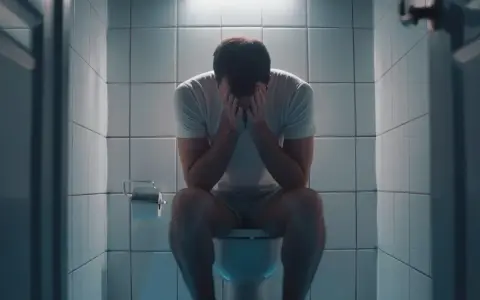 Mężczyzna siedzi na toalecie, ukrywając twarz w dłoniach. W łazience widać rolkę papieru toaletowego. Obraz sugeruje problemy z nietrzymaniem stolca i poszukiwanie domowych sposobów na ulgę.