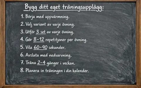 En svagt upplyst griffeltavla med en lista i vitt: "Bygg ditt eget träningsupplägg". Punkterna ger råd för att bygga muskler hemma, inklusive uppvärmning, set, repetitioner och vila.
