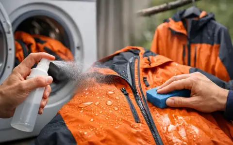 Czyszczenie kurtki z membraną: ręka spryskuje pomarańczową kurtkę płynem, a druga czyści ją gąbką. W tle pralka.