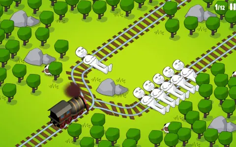 Un tren avanza por las vías en estos divertidos juegos de trenes. Figuras blancas yacen en las vías, ¡esperando ser rescatadas!