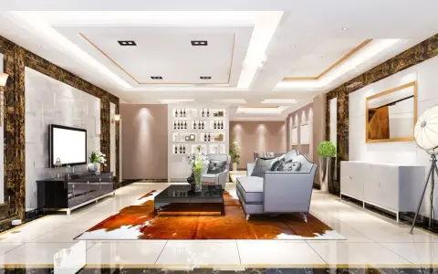 Elegancki salon w stylu art deco z marmurowymi akcentami, wygodną sofą i designerskim oświetleniem.