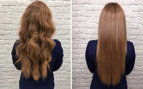 Antes y después de nanoplastia pelo: cabello rizado y voluminoso se transforma en liso y sedoso.