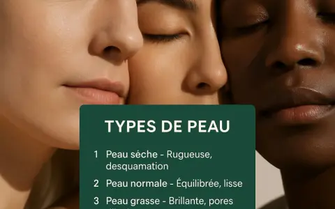 Trois visages aux teints variés se rapprochent. Une carte indique comment **connaître son type de peau** : sèche, normale ou grasse.