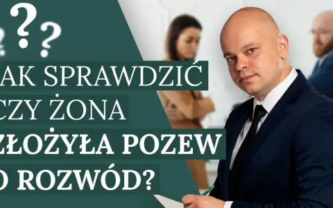 Mężczyzna w garniturze, na tle pary i pytajników. Tekst: "Jak sprawdzić czy żona złożyła pozew o rozwód?".