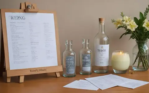 Na weselu kluczowe są zasady serwowania alkoholu, np. ile butelek na osobę. Na stole butelki, świeca i bukiet kwiatów.