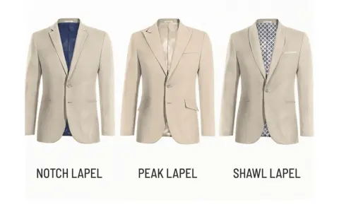Three beige suit jackets showcase different suit lapel types: notch, peak, and shawl.