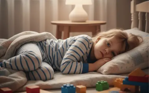 Mała dziewczynka w piżamie leży na łóżku, zamyślona. Jej wyraz twarzy sugeruje **zaburzenia snu u dzieci**, trudności z zaśnięciem mimo otaczających ją zabawek.
