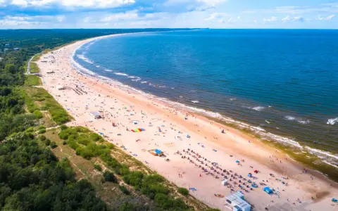 Szeroka, piaszczysta plaża z tłumem turystów, zielony las i błękitne morze – to jedne z najpiękniejszych plaż w Polsce.