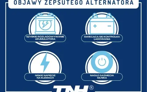 Objawy awarii alternatora w samochodzie: szybkie rozładowanie akumulatora, świecąca kontrolka ładowania, niskie napięcie na klemach, nagłe gaśnięcie silnika.