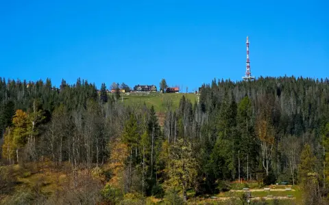Gubałówka atrakcje: widok na zabudowania i wieżę telekomunikacyjną na szczycie wzgórza, otoczone lasem.