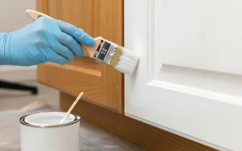 Mano con guanto blu dipinge una porta bianca con pennello. La pittura diluita è pronta per l'uso.