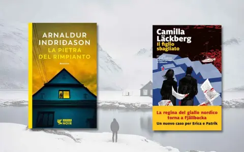 Copertine di "La pietra del rimpianto" di Arnaldur Indriðason e "Il figlio sbagliato" di Camilla Läckberg, due tra i migliori libri scandinavi, su uno sfondo innevato.