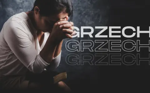 Kobieta z złożonymi dłońmi nad czołem, siedząca obok Biblii, symbolizuje ciężki grzech i pokutę.
