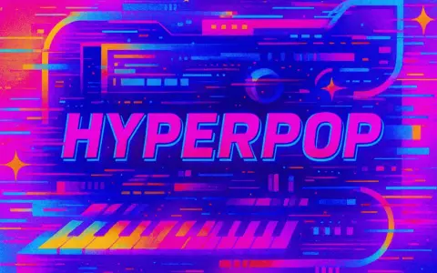 Neonowe klawisze i tekst "HYPERPOP" na tle cyfrowego szumu. To właśnie jest hyperpop – muzyka przyszłości, pełna energii i koloru.