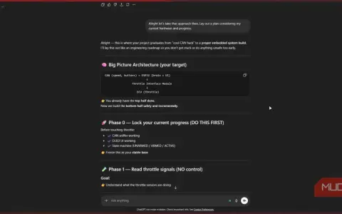 ChatGPT outlines an ESP32 project roadmap, starting with CAN bus integration and throttle signal reading.