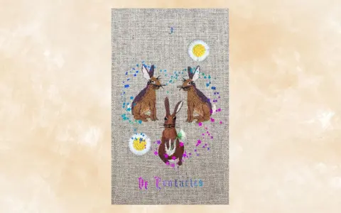 Tres conejos bordados, uno en el centro y dos a los lados, rodeados de flores y confeti. El número 3 y "De Pentaculos" escritos.