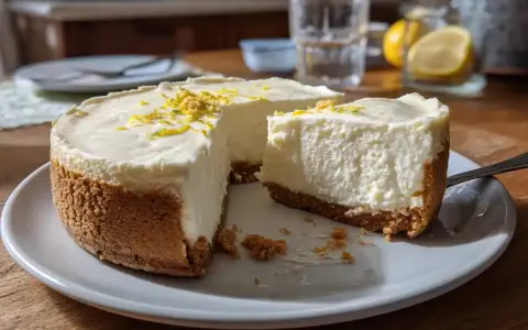 En krämig, fryst cheesecake med citronskal på toppen står på ett fat. En bit är bortskuren.