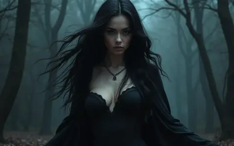 Lilith w bliźniętach, mroczna postać w czarnej sukni, stoi w mglistym lesie. Jej długie, czarne włosy falują na wietrze.